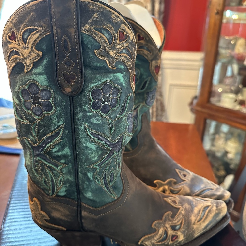 Dan Post Turquoise and Brown Embroidered Heeled Boots